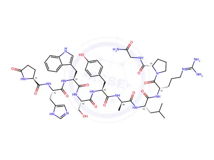 Chemical structure of (S)-N-(2-Amino-2-oxoethyl)-1-(((S)-5-oxopyrrolidine-2-carbonyl)-L-histidyl-L-tryptophyl-L-seryl-L-tyrosyl-D-alanyl-L-leucyl-L-arginyl)pyrrolidine-2-carboxamide