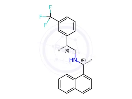 Chemical structure of (R)-N-((R)-1-(naphthalen-1-yl)ethyl)-2-(3-(trifluoromethyl)phenyl)propan-1-amine