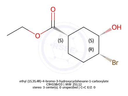 Chemical structure of ethyl (1S,3S,4R)-4-bromo-3-hydroxycyclohexane-1-carboxylate