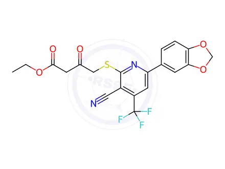 Chemical structure of Ethyl 4-((6-(benzo[d][1,3]dioxol-5-yl)-3-cyano-4-(trifluoromethyl)pyridin-2-yl)thio)-3-oxobutanoate