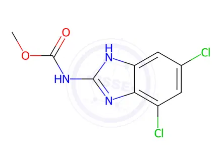Chemical structure of Methyl-N-(4,6-dichloro-1H-benzimidazol-2-yl)carbamate