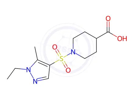 Chemical structure of 1-[(1-ethyl-5-methyl-1H-pyrazol-4-yl)sulfonyl]piperidine-4-carboxylic acid