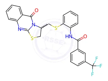 Chemical structure of N-{2-[({5-oxo-2H,3H,5H-[1,3]thiazolo[2,3-b]quinazolin-3-yl}methyl)sulfanyl]phenyl}-3-(trifluoromethyl)benzamide