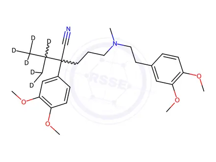 Chemical structure of 5-((3,4-dimethoxyphenethyl)(methyl)amino)-2-(3,4-dimethoxyphenyl)-2-(propan-2-yl-d7)pentanenitrile