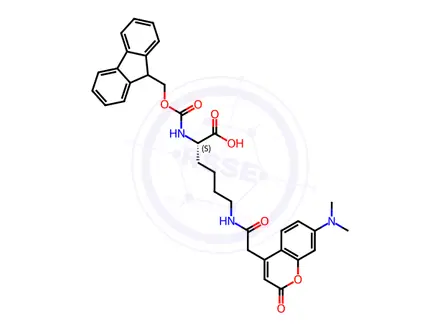 Chemical structure of N-α-(9-Fluorenylmethoxycarbonyl)-N-ε-(7-dimethylaminocoumarin-4-yl)acetyl-L-lysine
