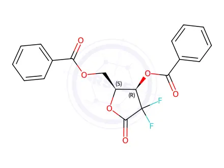 Chemical structure of ((2S,3R)-3-(Benzoyloxy)-4,4-difluoro-5-oxotetrahydrofuran-2-yl)methyl benzoate