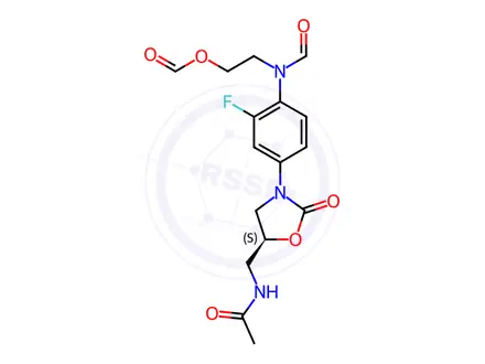 Chemical structure of (S)-2-(N-(4-(5-(acetamidomethyl)-2-oxooxazolidin-3-yl)-2-fluorophenyl)formamido)ethyl formate