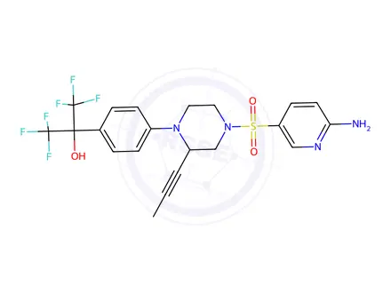 Chemical structure of (S)-2-(4-(4-((6-Aminopyridin-3-yl)sulfonyl)-2-(prop-1-yn-1-yl)piperazin-1-yl)phenyl)-1,1,1,3,3,3-hexafluoropropan-2-ol