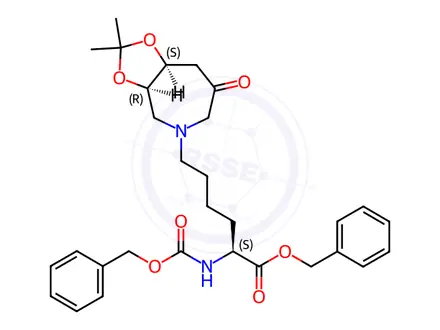 Chemical structure of (αS,​3aR,​8aS)​-Hexahydro-​2,​2-​dimethyl-​7-​oxo-​α-​[[(phenylmethoxy)​carbonyl]​amino]​-​5H-​1,​3-​dioxolo[4,​5-​c]​azepine-​5-​hexanoic Acid Phenylmethyl Ester