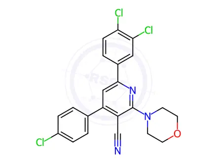 Chemical structure of 4-(4-chlorophenyl)-6-(3,4-dichlorophenyl)-2-morpholinonicotinonitrile