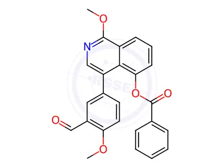 Chemical structure of 4-(3-Formyl-4-methoxyphenyl)-1-methoxyisoquinolin-5-yl benzoate