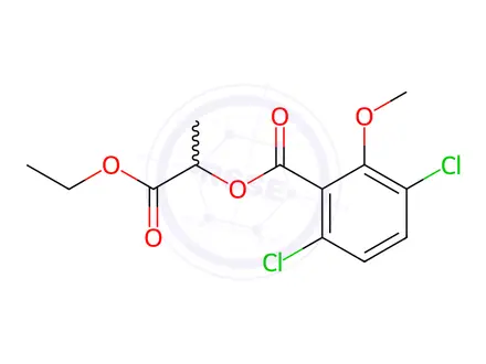 Chemical structure of Benzoic acid, 3,6-dichloro-2-methoxy-, 2-ethoxy-1-methyl-2-oxoethyl ester