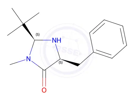 Chemical structure of 4-Imidazolidinone, 2-(1,1-dimethylethyl)-3-methyl-5-(phenylmethyl)-, (2S,5S)-