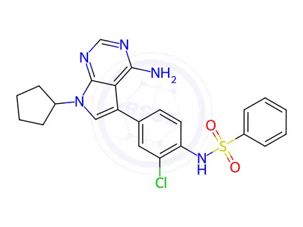 Chemical structure of N-(4-(4-Amino-7-cyclopentyl-7H-pyrrolo[2,3-d]pyrimidin-5-yl)-2-chlorophenyl)benzenesulfonamide