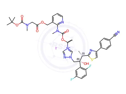 Chemical structure of 4-(1-(((3-(((N-(Tert-butoxycarbonyl)-N-methylglycyl)oxy)methyl)pyridin-2-yl)(methyl)carbamoyl)oxy)ethyl)-1-((2R,3S)-3-(4-(4-cyanophenyl)thiazol-2-yl)-2-(2,5-difluorophenyl)-2-hydroxybutyl)-1H-1,2,4-triazol-4-ium Iodide;