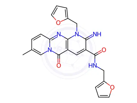 Chemical structure of N,1-Bis(furan-2-ylmethyl)-2-imino-8-methyl-5-oxo-2,5-dihydro-1H-dipyrido[1,2-a:2',3'-d]pyrimidine-3-carboxamide