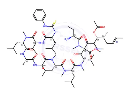 Chemical structure of Glycine, N-methyl-N-[(phenylamino)thioxomethyl]-L-leucyl-L-valyl-N-methyl-L-leucyl-L-alanyl-D-alanyl-N-methyl-L-leucyl-N-methyl-L-leucyl-N-methyl-L-valyl-(2S,3R,4R,6E)-3-(acetyloxy)-4-methyl-2-(methylamino)-6-octenoyl-(2S)-2-aminobutanoyl-N-methyl-, methyl ester