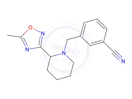 Chemical structure of 3-((2-(5-Methyl-1,2,4-oxadiazol-3-yl)piperidin-1-yl)methyl)benzonitrile