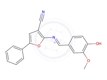 Chemical structure of (E)-2-((4-hydroxy-3-methoxybenzylidene)amino)-5-phenylfuran-3-carbonitrile