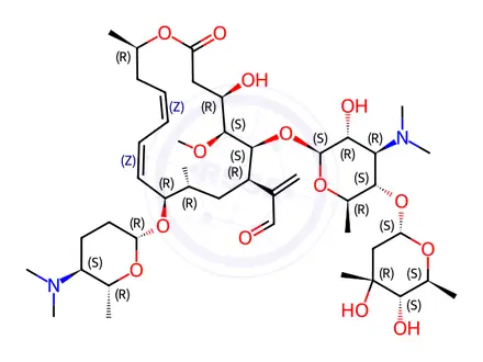 Chemical structure of [9(2R,5S,6R)]-9-O-[5-(Dimethylamino)tetrahydro-6-methyl-2H-pyran-2-yl]-3-O-methyl-17-methylene-leucomycin V