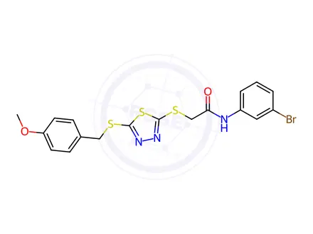 Chemical structure of N-(3-Bromophenyl)-2-((5-((4-methoxybenzyl)thio)-1,3,4-thiadiazol-2-yl)thio)acetamide