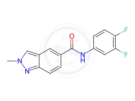 Chemical structure of N-(3,4-difluorophenyl)-2-methyl-2H-indazole-5-carboxamide (NTZ-1472)