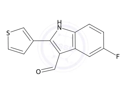 Chemical structure of 5-Fluoro-2-(thiophen-3-yl)-1H-indole-3-carbaldehyde