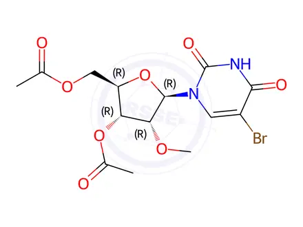 Chemical structure of ((2R,3R,4R,5R)-3-Acetoxy-5-(5-bromo-2,4-dioxo-3,4-dihydropyrimidin-1(2H)-yl)-4-methoxytetrahydrofuran-2-yl)methyl acetate