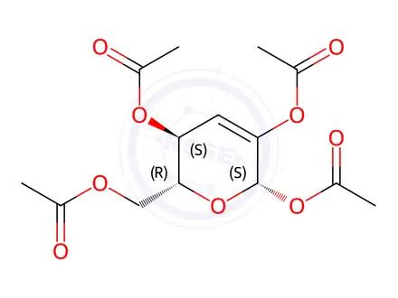 Chemical structure of .beta.-D-erythro-Hex-2-enopyranose, 3-deoxy-, tetraacetate