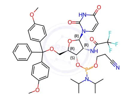 Chemical structure of 2’-Deoxy-2’-(N-trifluoroacetyl)amino-5’-O-DMTr-uridine 3’-CED phosphoramidite