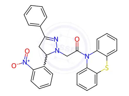 Chemical structure of 2-(5-(2-Nitrophenyl)-3-phenyl-4,5-dihydro-1H-pyrazol-1-yl)-1-(10H-phenothiazin-10-yl)ethanone