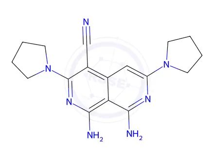 Chemical structure of 1,8-diamino-3,6-bis(pyrrolidin-1-yl)-2,7-naphthyridine-4-carbonitrile