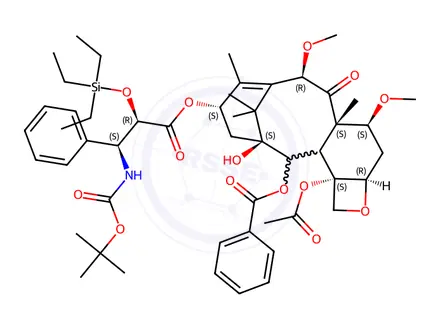 Chemical structure of (2aR,4S,4aS,6R,9S,11S,12S,12aR,12bS)-12b-Acetoxy-9-(((2R,3S)-3-((tert-butoxycarbonyl)amino)-3-phenyl-2-((triethylsilyl)oxy)propanoyl)oxy)-11-hydroxy-4,6-dimethoxy-4a,8,13,13-tetramethyl-5-oxo-2a,3,4,4a,5,6,9,10,11,12,12a,12b-dodecahydro-1H-7,11-methanocyclodeca[3,4]benzo[1,2-b]oxet-12-yl Benzoate