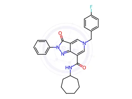 Chemical structure of N-Cycloheptyl-5-(4-fluorobenzyl)-3-oxo-2-phenyl-3,5-dihydro-2H-pyrazolo[4,3-c]pyridine-7-carboxamide