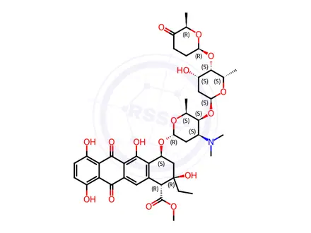 Chemical structure of 1-Naphthacenecarboxylic acid, 2-ethyl-1,2,3,4,6,11-hexahydro-2,5,7,10-tetrahydroxy-6,11-dioxo-4-[[2,3,6-trideoxy-4-O-[2,6-dideoxy-4-O-[(2R-cis)-tetrahydro-6-methyl-5-oxo-2H-pyran-2-yl]-α-L-lyxo-hexopyranosyl]-3-(dimethylamino)-α-L-lyxo-hexopyranosyl]oxy]-, methyl ester, [1R-(1α,2β,4β)]-(9CI)