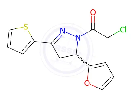 Chemical structure of 2-Chloro-1-(5-(furan-2-yl)-3-(thiophen-2-yl)-4,5-dihydro-1H-pyrazol-1-yl)ethan-1-one