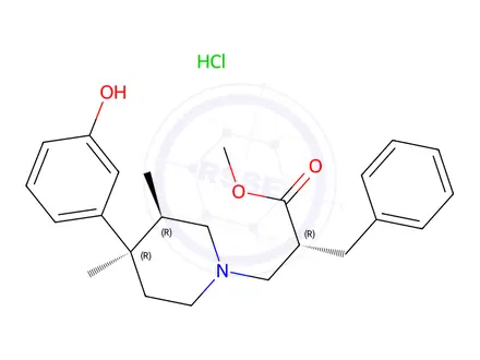 Chemical structure of Methyl (R)-2-benzyl-3-((3R,4R)-4-(3-hydroxyphenyl)-3,4-dimethylpiperidin-1-yl)propanoate Hydrochloride