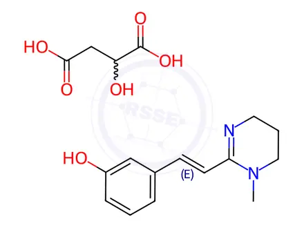 Chemical structure of malic acid, compound with (E)-3-[2-(1,4,5,6-tetrahydro-1-methylpyrimidin-2-yl)vinyl]phenol (1:1)