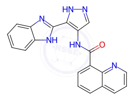 Chemical structure of N-(3-(1H-Benzo[d]imidazol-2-yl)-1H-pyrazol-4-yl)quinoline-8-carboxamide