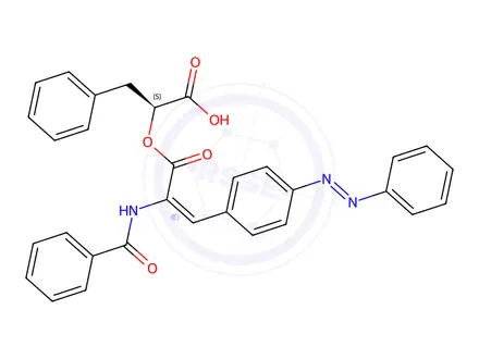 Chemical structure of O-(alpha-(benzoylamino)-4-(phenylazo)cinnamoyl)-beta-phenyllactate