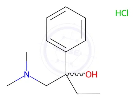 Chemical structure of 1-Dimethylaminomethyl-1-phenyl-1-propanol Hydrochloride (alpha-[(Dimethylamino)methyl]-alpha-ethylbenzenemethanol Hydrochloride)
