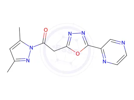 Chemical structure of 1-(3,5-Dimethyl-1H-pyrazol-1-yl)-2-(5-(pyrazin-2-yl)-1,3,4-oxadiazol-2-yl)ethan-1-one