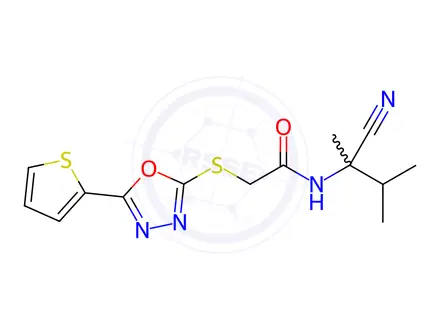 Chemical structure of N-(2-Cyano-3-methylbutan-2-yl)-2-((5-(thiophen-2-yl)-1,3,4-oxadiazol-2-yl)thio)acetamide