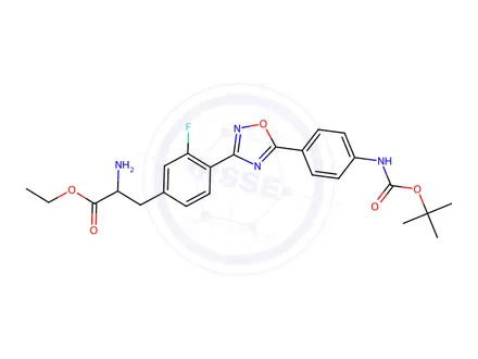 Chemical structure of Ethyl 2-amino-3-(4-(5-(4-((tert-butoxycarbonyl)amino)phenyl)-1,2,4-oxadiazol-3-yl)-3-fluorophenyl)propanoate