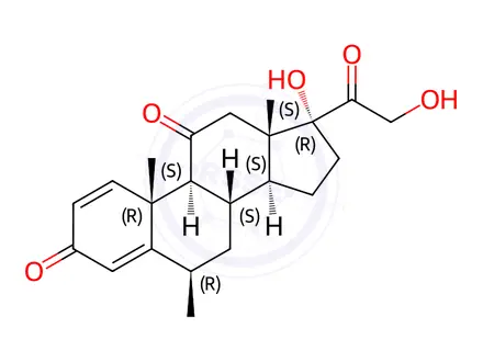 Chemical structure of Pregna-1,4-diene-3,11,20-trione, 17,21-dihydroxy-6-methyl-, (6β)-
