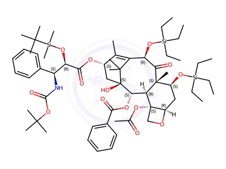 Chemical structure of (2aR,4S,4aS,6R,9S,11S,12S,12aR,12bS)-12b-acetoxy-9-((3-((tert-butoxycarbonyl)amino)-2-((tert-butyldimethylsilyl)oxy)-3-phenylpropanoyl)oxy)-11-hydroxy-4a,8,13,13-tetramethyl-5-oxo-4,6-bis((triethylsilyl)oxy)-2a,3,4,4a,5,6,9,10,11,12,12a,12b-dodecahydro-1H-7,11-methanocyclodeca[3,4]benzo[1,2-b]oxet-12-yl benzoate