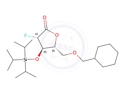 Chemical structure of (3S,4R,5R)-5-(benzyloxymethyl)-3-fluoro-4-triisopropylsilyloxy-tetrahydrofuran-2-one