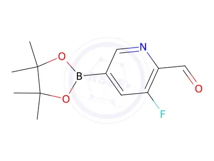 Chemical structure of 3-fluoro-5-(tetramethyl-1,3,2-dioxaborolan-2-yl)pyridine-2-carbaldehyde