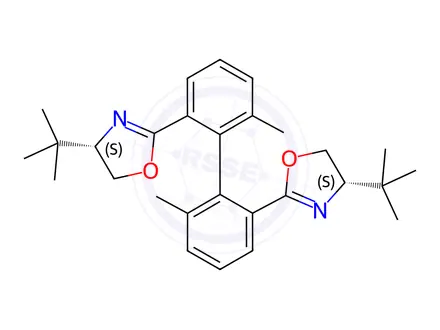 Chemical structure of Oxazole, 2,2′-[(1R)-6,6′-dimethyl[1,1′-biphenyl]-2,2′-diyl]bis[4-(1,1-dimethylethyl)-4,5-dihydro-, (4S,4′S)-