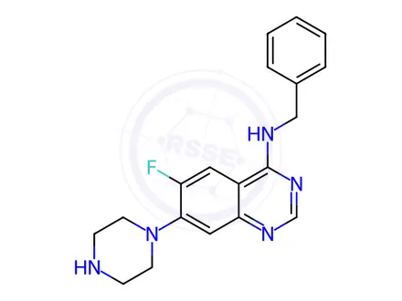 Chemical structure of N-Benzyl-6-fluoro-7-(piperazin-1-yl)quinazolin-4-amine